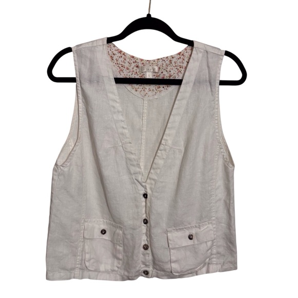 Kleen Tops - Kleen Size Small White Linen Lagenlook V-Neck Button Up Sleeveless Blouse Top